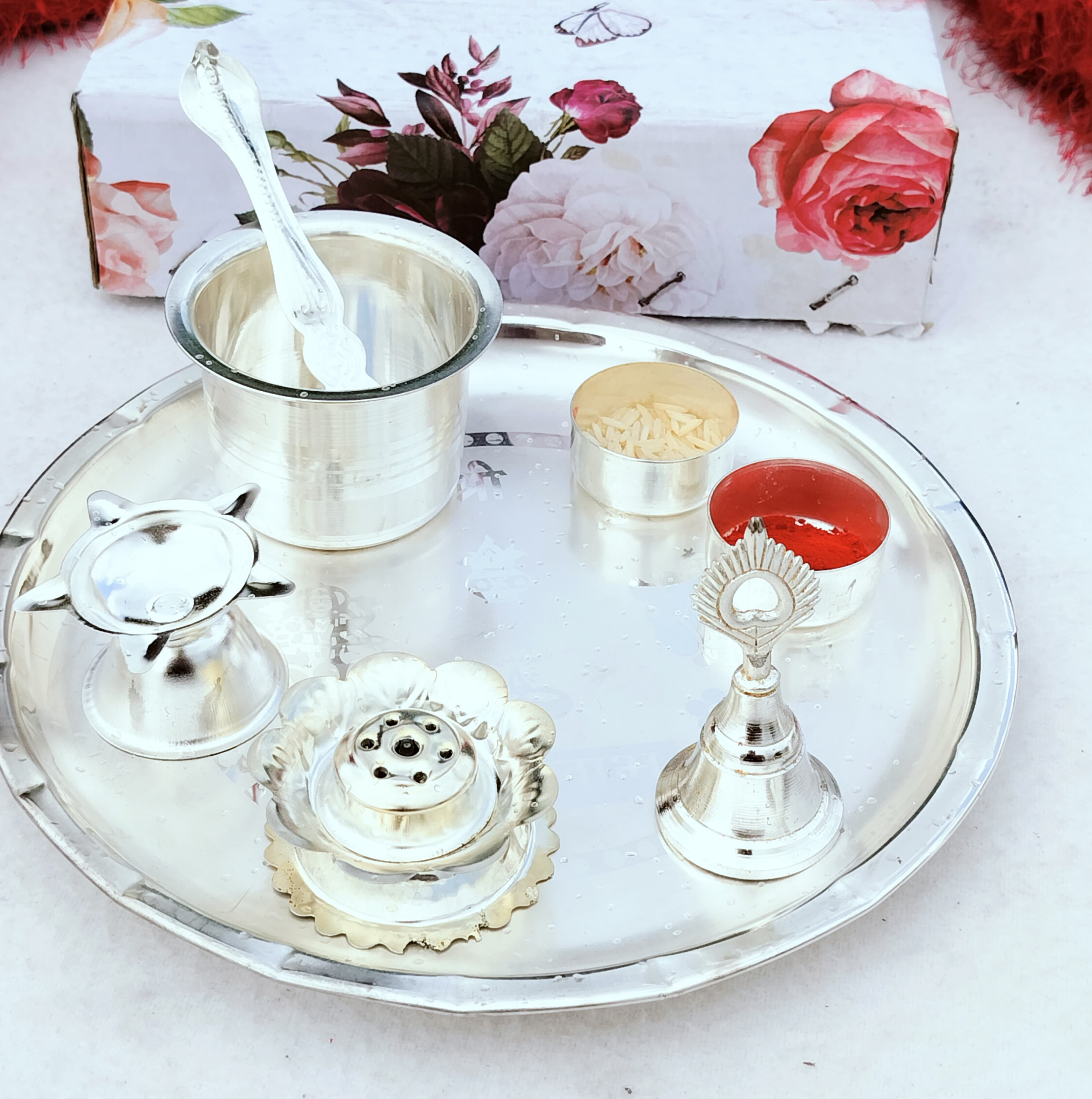 german silver small pooja thali set for diwali/ housewarming/ gift item